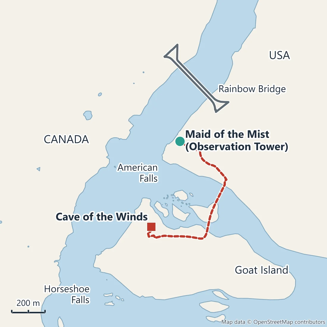 Map of the US side of Niagara Falls: Maid of the Mist boarding at the Observation Tower, the walking route across to Cave of the Winds on Goat Island, Rainbow Bridge to the north and Canada across the river